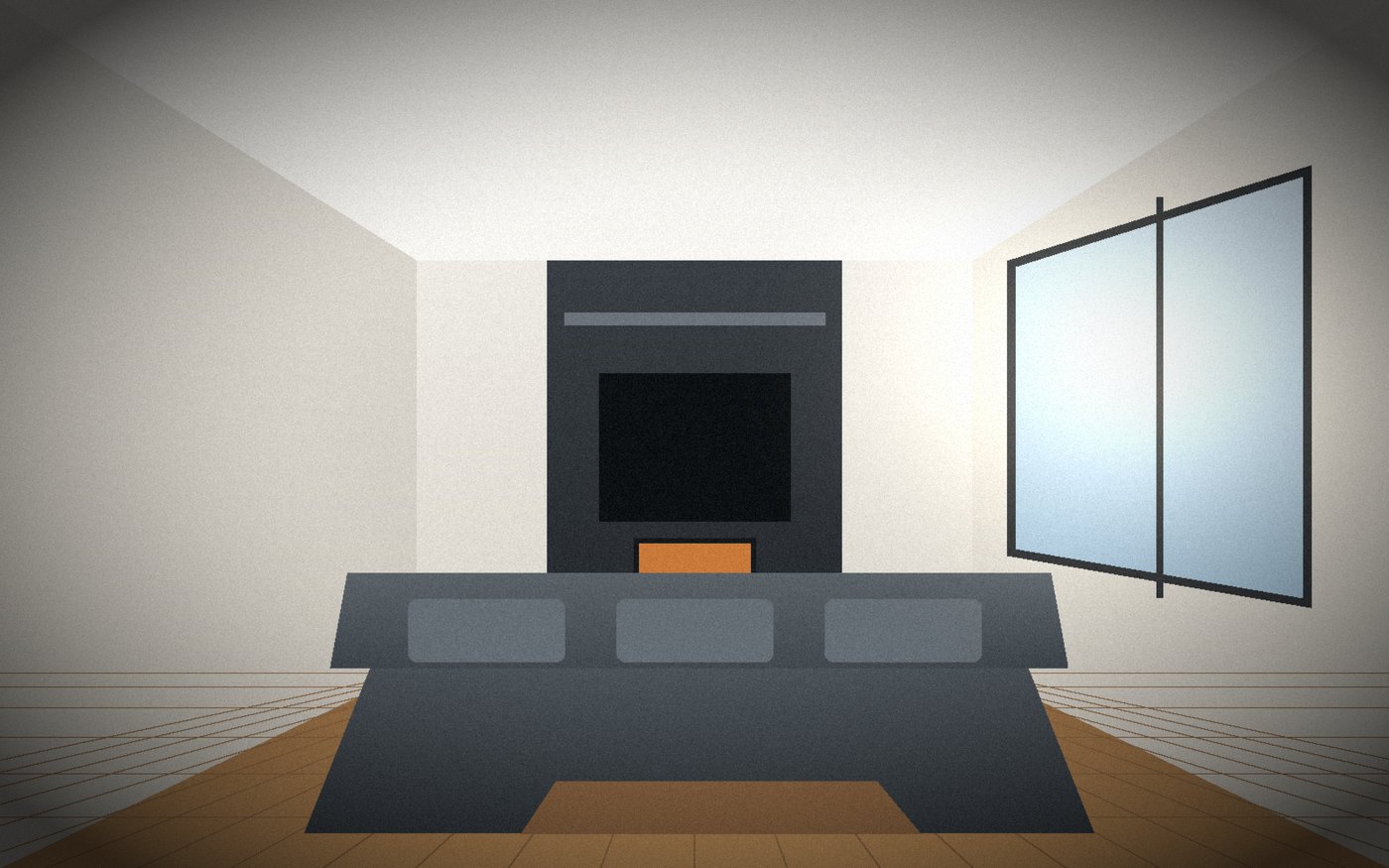 A finished living room with a media wall and new flooring